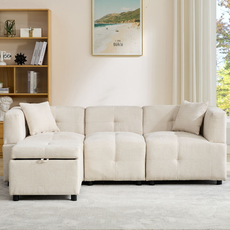Modernluxe - Sectional Sofa Couch with Removable Storage Ottoman, Fabric Sofa for Living Room, l- Shaped Sofa with 2 Pillows, Beige