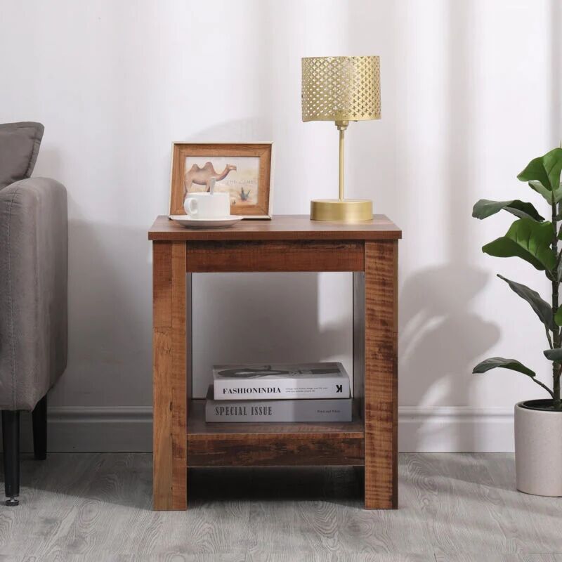 FURNITURE HMD Living Room Wooden Lamp Table with Bottom Shelf,45x45x50cm(LxWxH) - dark wood