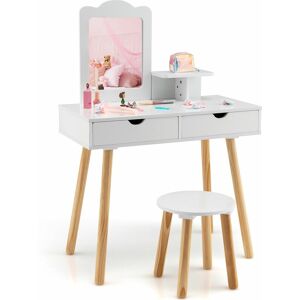 COSTWAY 2-in-1 Kids Vanity Set Children Wooden Dressing Table & Stool w/ Mirror