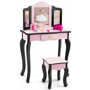 COSTWAY 2 in 1 Kids Vanity Table and Chair Set Makeup Dressing Table w/ Mirror & Drawer