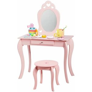 COSTWAY 2 in 1 Kids Vanity Table and Chair Set Makeup Dressing Table Writing With Mirror