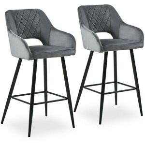 Clipop - 2 x Bar Stools, Velvet Upholstered Seat Breakfast Kitchen Counter Barstools, Grey