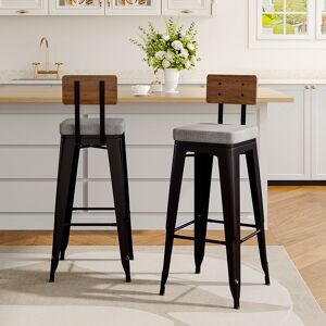 LIVINGANDHOME 2Pcs Metal Breakfast Bar Stools with Cushions and Backrest,Grey