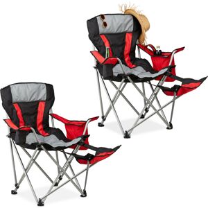 Camping Chair, 2x Set, Foldable, Upholstered, with Footrest, Fishing Stool, Drink Holder, Load 150 kg, Red - Relaxdays