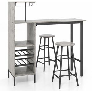 Costway - 3PCS Bar Table & 2 Stool Industrial Kitchen Dining Set w/ Wine Rack Glass Holder