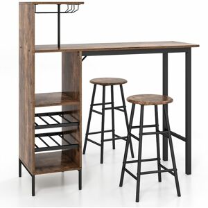 Costway - 3PCS Bar Table & 2 Stool Industrial Kitchen Dining Set w/ Wine Rack Glass Holder