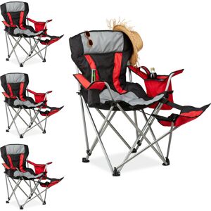 Camping Chair, 4x Set, Foldable, Upholstered, with Footrest, Fishing Stool, Drink Holder, Load 150 kg, Red - Relaxdays