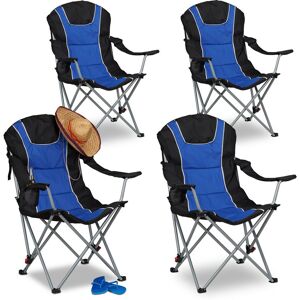 4x Foldable Camping Chair, Padded Adjustable Backrest, Folding Fishing Seat, 108 x 90 x 72 cm, Blue/Black - Relaxdays