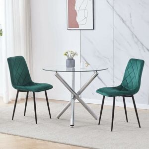 NICEME 90x90 Round Table and Chairs, Round Glass Table with Chairs, Dining Table Set of 2/4 (Dark Green Square Pattern, With 2 Chairs)