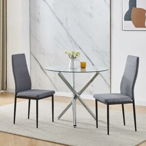 NICEME 90x90 Round Table and Chairs, Round Glass Table with Chairs, Dining Table Set of 2/4 (Linen, Grey, With 2 Chairs)