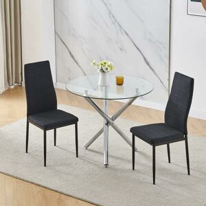 Niceme - 90x90 Round Table and Chairs, Round Glass Table with Chairs, Dining Table Set of 2/4 (Linen, Black, With 2 Chairs)