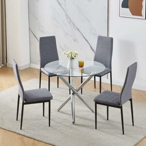 NICEME 90x90 Round Table and Chairs, Round Glass Table with Chairs, Dining Table Set of 2/4 (Linen, Grey, With 4 Chairs)