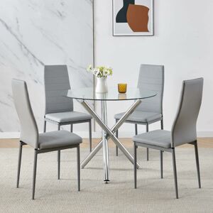 NICEME 90x90 Round Table and Chairs, Round Glass Table with Chairs, Dining Table Set of 2/4 (Faux Leather, Grey, With 4 Chairs)