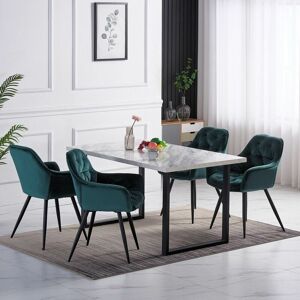 AINPECCA 1.5M Grey Dining Table and Velvet Chairs 4 Set Padded Chairs Home Kitchen(1 TABLE+4 Green CHAIRS)