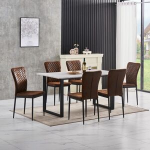 Grey Dining Table and Chairs 6 Set Dining Room Chair Kitchen Home Office(table+6 Brown suede chairs) - Ainpecca