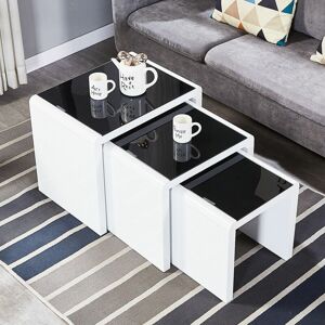 AINPECCA Coffee Side Tables Set of 3,High Gloss Coffee Table,Nesting Tables,MDF and Glass,White Black