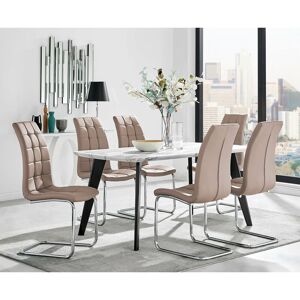 FURNITUREBOX UK Furniturebox ANDRIA 160cm Rectangular Marble Effect Dining Table With Black Legs and 6 Cappuccino Murano Chairs - Cappuccino