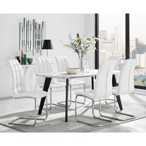 FURNITUREBOX UK Furniturebox andria 160cm Rectangular Marble Effect Dining Table With Black Legs and 6 White Murano Chairs - White