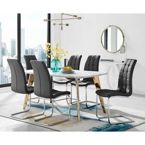 FURNITUREBOX UK Furniturebox andria 160cm Marble Effect Dining Table With Gold Legs and 6 Black Murano Chairs - Black