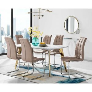 FURNITUREBOX UK Furniturebox andria 160cm Marble Effect Dining Table With Gold Legs and 6 Cappuccino Murano Chairs - Cappuccino