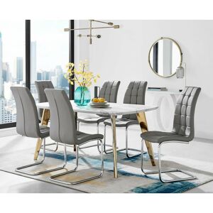FURNITUREBOX UK Furniturebox andria 160cm Marble Effect Dining Table With Gold Legs and 6 Grey Murano Chairs - Elephant Grey