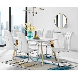 FURNITUREBOX UK Furniturebox andria 160cm Marble Effect Dining Table With Gold Legs and 6 White Murano Chairs - White