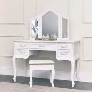 MELODY MAISON Antique White Dressing Table Desk with Triple Mirror and Stool - Pays Blanc Range - Antique White, Gold
