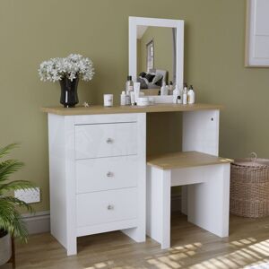 HOME DISCOUNT Arlington Dressing Table & Mirror Set 3 Drawer Stool Vanity Table, White