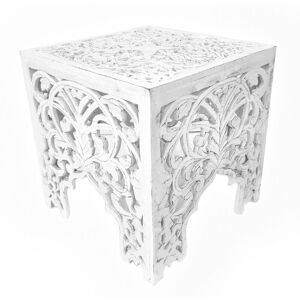 Topfurnishing - Beautiful Square Hand Carved Indian Wooden Side End Coffee Table [White,Full Set s+l)]