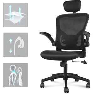 Bigzzia - Office Chair with Back Support, High Back Ergonomic Computer Chair with 90° Flip-Up Armrest, Adjustable Headrest, Swivel Mesh Chair for