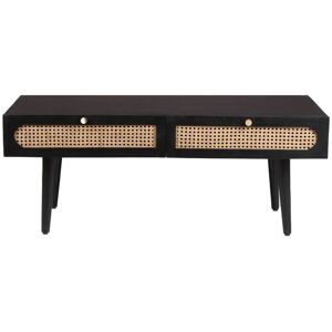 URBAN DECO Black Mango Wood and Rattan 2 Drawer Coffee Table - Black