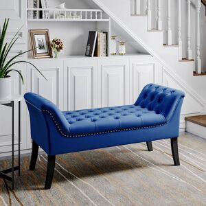 Warmiehomy - Blue Contemporary Velvet Buttoned Bench with Wood Legs