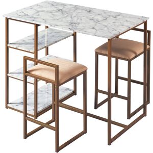 TEAMSON HOME Marmo 3 Pieces Breakfast Dining Set, Bar Table & 2 Padded Stool Chairs with Storage, Faux White Marble Tabletop & Gold-Brass Finish Legs - Brass