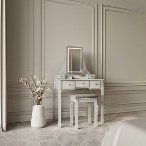 Carme Home - Savannah - Grey Dressing Table with Touch Mirror led Light 5 Drawers Stool Set Vanity Dresser Bedroom Furniture Makeup Jewellery Storage