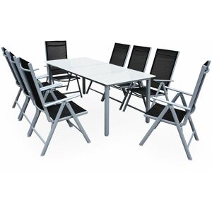 Casaria - 9pc Aluminum Garden Chair Glass Top Table Set 8 Seat Outdoor Furniture Silver