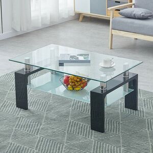 CLIPOP Coffee Table, 100x45x60cm Rectangle Glass Coffee Table, Modern Side Table with Lower Shelf, Black