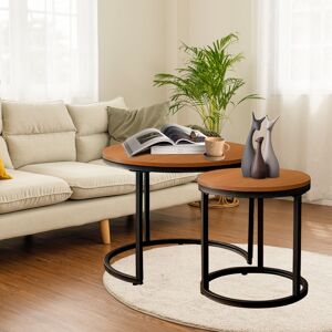 TEETOK Coffee tables,Round Nesting Coffee Table Set of 2 for Living Room, End Side Table with Metal Frame, Sofa Tea Table for Small Space, Black and Brown