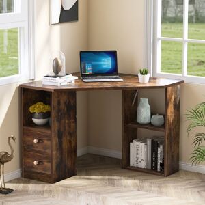 MODERNLUXE Corner Desk Computer Table with Drawers and Shelves Home Office Writing Workstation, Brown