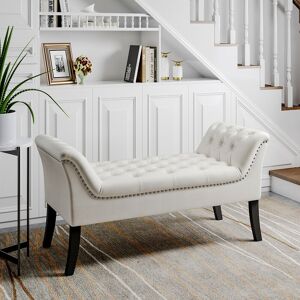 Warmiehomy - Creamy Contemporary Velvet Buttoned Bench with Wood Legs