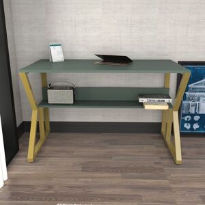 Wake Computer Desk Study Desk With a Hidden Shelf - Green Gold - Green and Gold - Decorotika