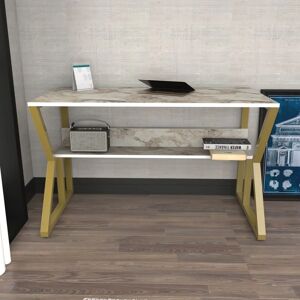 Wake Computer Desk Study Desk With a Hidden Shelf - Ephesus Gold - White Marble Effect and Gold - Decorotika