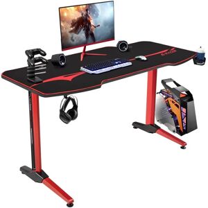 T-shape Large Black/Red Gaming Computer Desk with Free Full Mousepad,Earphone Hooks and Cup Holder,PC Desk Gaming Desk,110cm,Red - Devoko