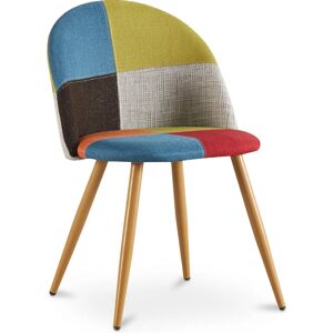 Privatefloor - Dining Chair - Upholstered in Patchwork - Scandinavian Style - Simona Multicolour Metal with wooden transfer painting, Wood, Linen