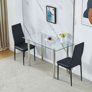 NICEME Dining Room Set, Clear Glass Dining Table with Chairs, 120x60 cm Glass Table and Chairs for Dining Room (Table with 2 Chairs, Black Faux Leather)