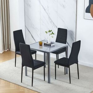 NICEME Dining Room Set, Grey Glass Dining Table with Chairs, 75x75 cm Square Glass Table and Chairs for Small Room (Table with 4 Chairs, Black Linen)