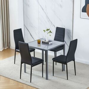 NICEME Dining Room Set, Grey Glass Dining Table with Chairs, 75x75 cm Square Glass Table and Chairs for Small Room (Table with 4 Chairs, Black Faux Leather)