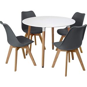 Kosy Koala - Dining Table and 4 Chairs Grey Round Wood Table 4 White Plastic Leather Chairs Dining Room Furniture - Grey