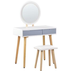 Beliani - Dressing Table Set with Stool Round led Mirror 2 Drawers White and Grey Josselin - White