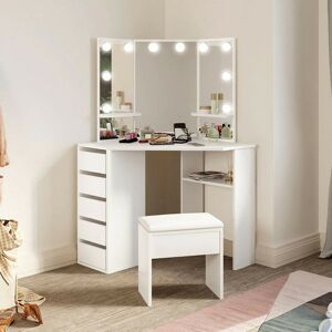 CLIPOP Dressing Table, Vanity Makeup Desk Set with 3 Mirrors 5 Drawers, Corner Curved Vanity Table with Adjustable LED