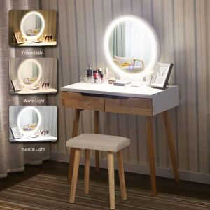 PULUOMIS Dressing Table with led Lights Mirror, Vanity Makeup Table Set with Adjustable Brightness Mirror, Cushioned Stool and Free Make-up Organizer,